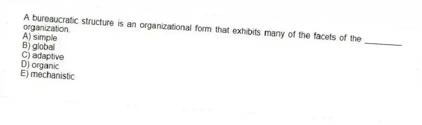 A bureaucratic structure is an organizational form that exhibits many of the facets of the ________ organization.
A) simple
B) global
C) adaptive
D) organic
E) mechanistic