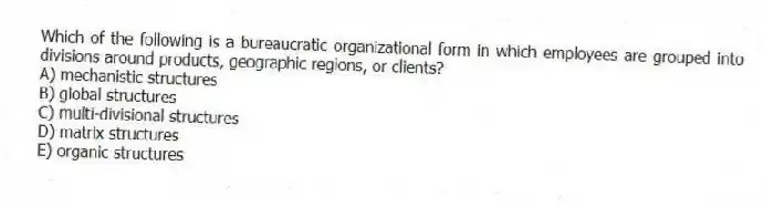 Which of the following is a bureaucratic organizational form in which employees are grouped into divisions around products, geographic regions, or clients?
A) mechanistic structures
B) global structures
C) multi-divisional structures
D) matrix structures
E) organic structures