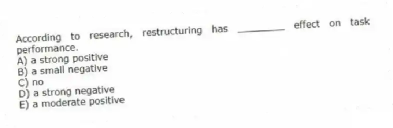 According to research, restructuring has ________ effect on task performance.
A) a strong positive
B) a small negative
C) no
D) a strong negative
E) a moderate positive