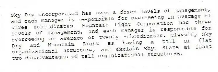 Sky Dry Incorporated has over a dozen levels of management, and each manager is responsible for overseeing an average of three subordinates. Mountain Light Corporation has three levels of management, and each manager is responsible for overseeing an average of twenty subordinates. Classify Sky Dry and Mountain Light as having a tall or flat organizational structure, and explain why. State at least two disadvantages of tall organizational structures.