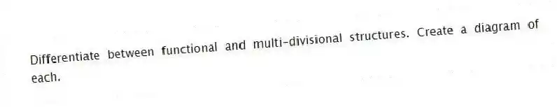 Differentiate between functional and multi-divisional structures. Create a diagram of each.