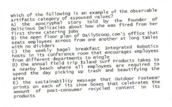 Which of the following is an example of the observable artifacts category of espoused values?
A) the apocryphal story told by the founder of Delicious Delicacies about how she was fired from her first three catering jobs
B) the open floor plan of DailyScoop.com's office that seats employees across from one another at long tables with no dividers
C) the weekly bagel breakfast Integrated Robotics hosts in its conference room that encourages employees from different departments to mingle
D) the annual field trip Island Surf Products takes to a nearby beach where all employees are required to spend the day picking up trash and beautifying the area
E) the sustainability message that Outdoor Footwear prints on each of its shoe boxes that celebrates the amount of post-consumer recycled content in its products