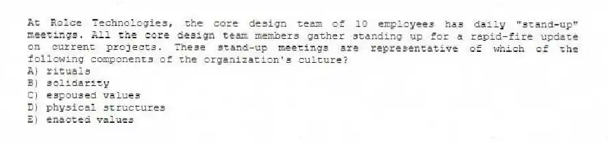 At Rolce Technologies, the core design team of 10 employees has daily "stand-up" meetings. All the core design team members gather standing up for a rapid-fire update on current projects. These stand-up meetings are representative of which of the following components of the organization's culture?
A) rituals
B) solidarity
C) espoused values
D) physical structures
E) enacted values