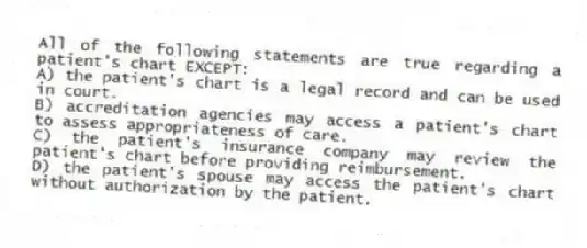 All of the following statements are true regarding a patient's chart EXCEPT:
A) the patient's chart is a legal record and can be used in court.
B) accreditation agencies may access a patient's chart to assess appropriateness of care.
C) the patient's insurance company may review the patient's chart before providing reimbursement.
D) the patient's spouse may access the patient's chart without authorization by the patient.