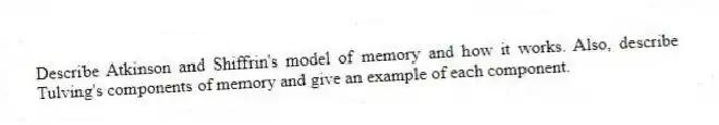 Describe Atkinson and Shiffrin's model of memory and how it works. Also, describe Tulving's components of memory and give an example of each component.