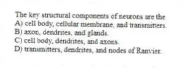 The key structural components of neurons are the
A) cell body, cellular membrane, and transmitters.
B) axon, dendrites, and glands.
C) cell body, dendrites, and axons.
D) transmitters, dendrites, and nodes of Ranvier.
