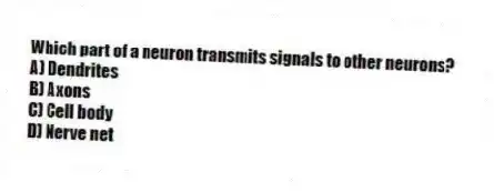 Which part of a neuron transmits signals to other neurons?
A) Dendrites
B) Axons
C) Cell body
D) Nerve net