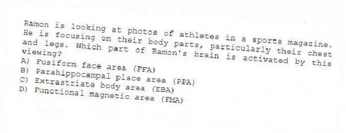 Ramon is looking at photos of athletes in a sports magazine. He is focusing on their body parts, particularly their chest and legs. Which part of Ramon's brain is activated by this viewing?
A) Fusiform face area (FFA)
B) Parahippocampal place area (PPA)
C) Extrastriate body area (EBA)
D) Functional magnetic area (FMA)