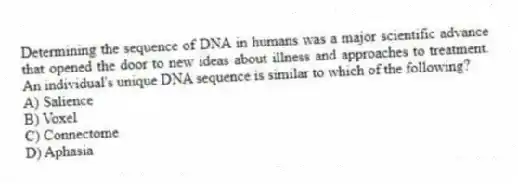 Determining the sequence of DNA in humans was a major scientific advance that opened the door to new ideas about illness and approaches to treatment. An individual's unique DNA sequence is similar to which of the following?
A) Salience
B) Voxel
C) Connectome
D) Aphasia