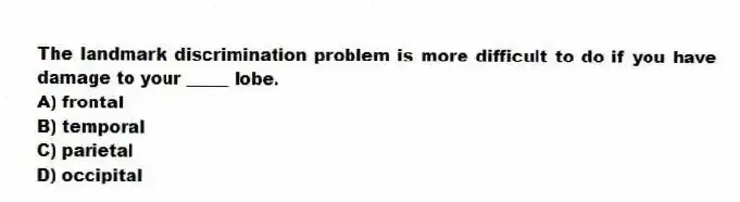 The landmark discrimination problem is more difficult to do if you have damage to your _____ lobe.
A) frontal
B) temporal
C) parietal
D) occipital