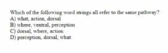 Which of the following word strings all refer to the same pathway?
A) what, action, dorsal
B) where, ventral, perception
C) dorsal, where, action
D) perception, dorsal, what