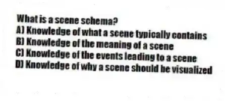 What is a scene schema?
A) Knowledge of what a scene typically contains
B) Knowledge of the meaning of a scene
C) Knowledge of the events leading to a scene
D) Knowledge of why a scene should be visualized