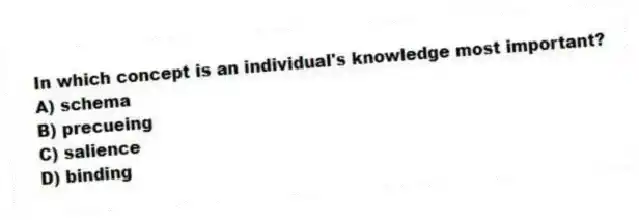 In which concept is an individual's knowledge most important?
A) schema
B) precueing
C) salience
D) binding