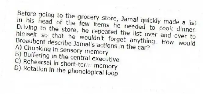 Before going to the grocery store, Jamal quickly made a list in his head of the few items he needed to cook dinner. Driving to the store, he repeated the list over and over to himself so that he wouldn't forget anything. How would Broadbent describe Jamal's actions in the car?
A) Chunking in sensory memory
B) Buffering in the central executive
C) Rehearsal in short-term memory
D) Rotation in the phonological loop