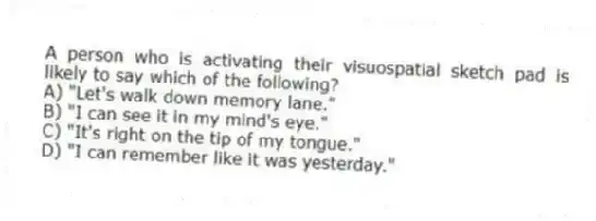 A person who is activating their visuospatial sketch pad is likely to say which of the following?
A) "Let's walk down memory lane."
B) "I can see it in my mind's eye."
C) "It's right on the tip of my tongue."
D) "I can remember like it was yesterday."