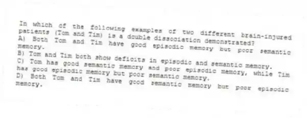 In which of the following examples of two different brain-injured patients (Tom and Tim) is a double dissociation demonstrated?
A) Both Tom and Tim have good episodic memory but poor semantic memory.
B) Tom and Tim both show deficits in episodic and semantic memory.
C) Tom has good semantic memory and poor episodic memory, while Tim has good episodic memory but poor semantic memory.
D) Both Tom and Tim have good semantic memory but poor episodic memory.