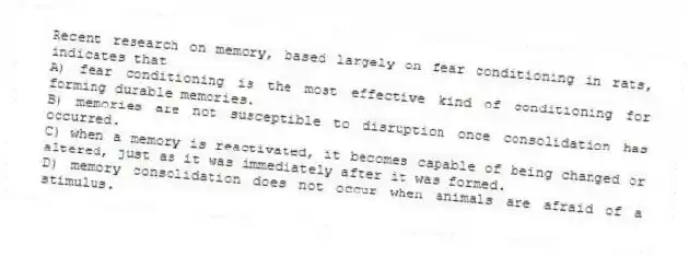 Recent research on memory, based largely on fear conditioning in rats, indicates that
A) fear conditioning is the most effective kind of conditioning for forming durable memories.
B) memories are not susceptible to disruption once consolidation has occurred.
C) when a memory is reactivated, it becomes capable of being changed or altered, just as it was immediately after it was formed.
D) memory consolidation does not occur when animals are afraid of a stimulus.
