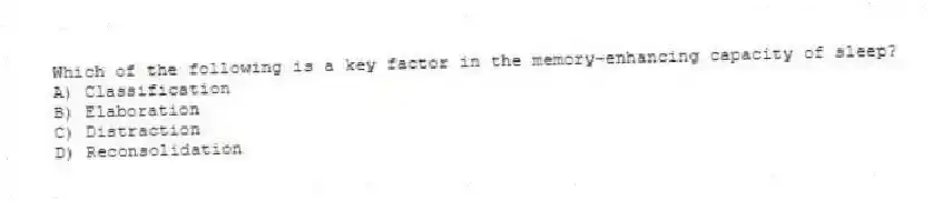 Which of the following is a key factor in the memory-enhancing capacity of sleep?
A) Classification
B) Elaboration
C) Distraction
D) Reconsolidation