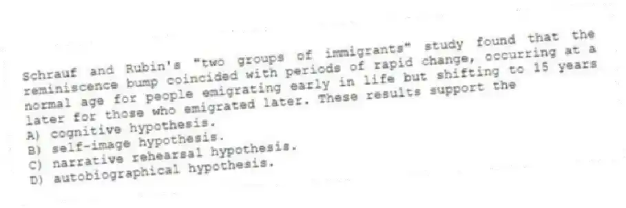 Schrauf and Rubin's "two groups of immigrants" study found that the reminiscence bump coincided with periods of rapid change, occurring at a normal age for people emigrating early in life but shifting to 15 years later for those who emigrated later. These results support the
A) cognitive hypothesis.
B) self-image hypothesis.
C) narrative rehearsal hypothesis.
D) autobiographical hypothesis.