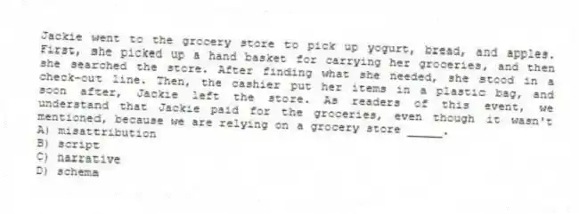 Jackie went to the grocery store to pick up yogurt, bread, and apples. First, she picked up a hand basket for carrying her groceries, and then she searched the store. After finding what she needed, she stood in a check-out line. Then, the cashier put her items in a plastic bag, and soon after, Jackie left the store. As readers of this event, we understand that Jackie paid for the groceries, even though it wasn't mentioned, because we are relying on a grocery store _____.
A) misattribution
B) script
C) narrative
D) schema