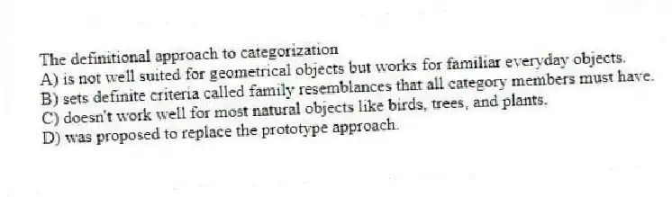 The definitional approach to categorization
A) is not well suited for geometrical objects but works for familiar everyday objects.
B) sets definite criteria called family resemblances that all category members must have.
C) doesn't work well for most natural objects like birds, trees, and plants.
D) was proposed to replace the prototype approach.