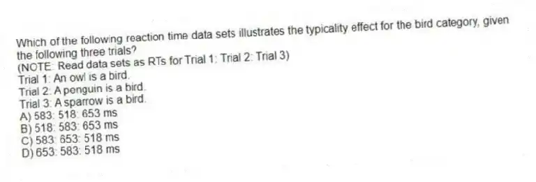 Which of the following reaction time data sets illustrates the typicality effect for the bird category, given the following three trials?
(NOTE: Read data sets as RTs for Trial 1: Trial 2: Trial 3)
Trial 1: An owl is a bird.
Trial 2: A penguin is a bird.
Trial 3: A sparrow is a bird.
A) 583: 518: 653 ms
B) 518: 583: 653 ms
C) 583: 653: 518 ms
D) 653: 583: 518 ms