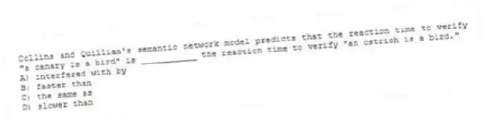 Collins and Quillian's semantic network model predicts that the reaction time to verify "a canary is a bird" is ___________ the reaction time to verify "an ostrich is a bird."
A) interfered with by
B) faster than
C) the same as
D) slower than