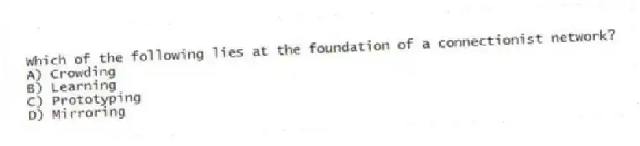 Which of the following lies at the foundation of a connectionist network?
A) Crowding
B) Learning
C) Prototyping
D) Mirroring