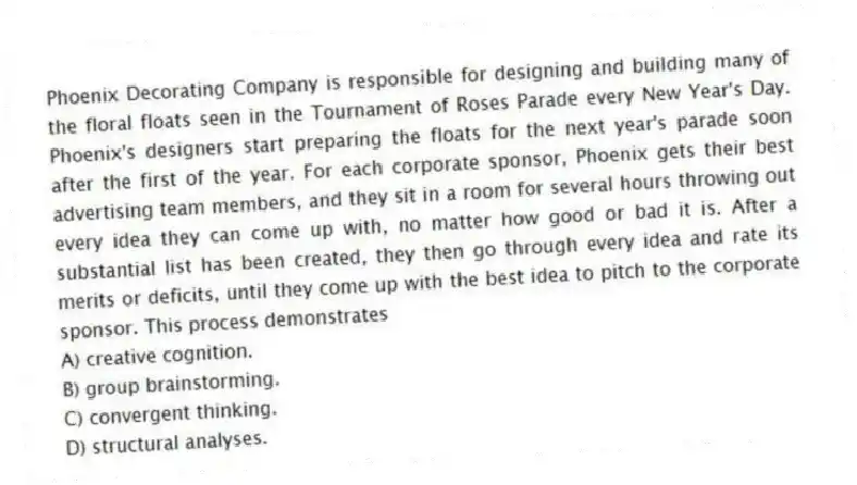 Phoenix Decorating Company is responsible for designing and building many of the floral floats seen in the Tournament of Roses Parade every New Year's Day. Phoenix's designers start preparing the floats for the next year's parade soon after the first of the year. For each corporate sponsor, Phoenix gets their best advertising team members, and they sit in a room for several hours throwing out every idea they can come up with, no matter how good or bad it is. After a substantial list has been created, they then go through every idea and rate its merits or deficits, until they come up with the best idea to pitch to the corporate sponsor. This process demonstrates
A) creative cognition.
B) group brainstorming.
C) convergent thinking.
D) structural analyses.