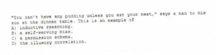 "You can't have any pudding unless you eat your meat," says a man to his son at the dinner table. This is an example of
A) inductive reasoning.
B) a self-serving bias.
C) a permission schema.
D) the illusory correlation.