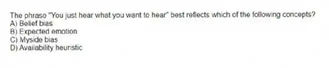 The phrase "You just hear what you want to hear" best reflects which of the following concepts?
A) Belief bias
B) Expected emotion
C) Myside bias
D) Availability heuristic