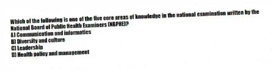 Which of the following is one of the five core areas of knowledge in the national examination written by the National Board of Public Health Examiners (NBPHE)?
A) Communication and informatics
B) Diversity and culture
C) Leadership
D) Health policy and management