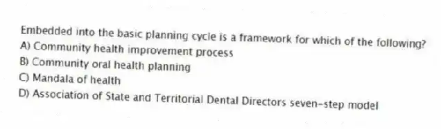Embedded into the basic planning cycle is a framework for which of the following?
A) Community health improvement process
B) Community oral health planning
C) Mandala of health
D) Association of State and Territorial Dental Directors seven-step model
