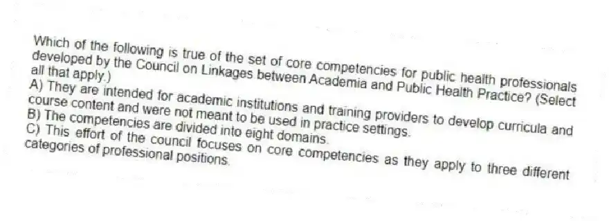 Which of the following is true of the set of core competencies for public health professionals developed by the Council on Linkages between Academia and Public Health Practice? (Select all that apply.)
A) They are intended for academic institutions and training providers to develop curricula and course content and were not meant to be used in practice settings.
B) The competencies are divided into eight domains.
C) This effort of the council focuses on core competencies as they apply to three different categories of professional positions.