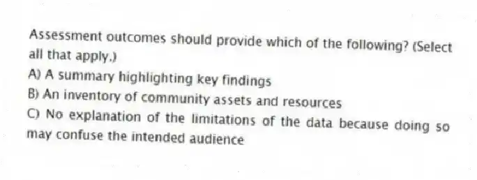 Assessment outcomes should provide which of the following? (Select all that apply.)
A) A summary highlighting key findings
B) An inventory of community assets and resources
C) No explanation of the limitations of the data because doing so may confuse the intended audience