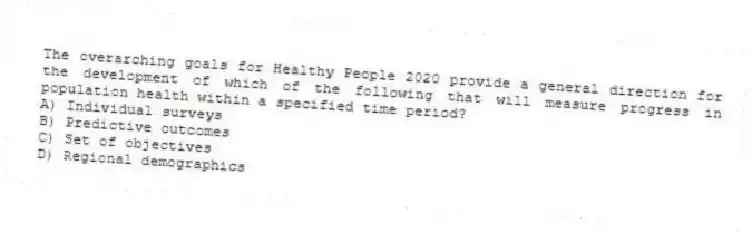 The overarching goals for Healthy People 2020 provide a general direction for the development of which of the following that will measure progress in population health within a specified time period?
A) Individual surveys
B) Predictive outcomes
C) Set of objectives
D) Regional demographics