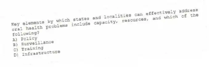 Key elements by which states and localities can effectively address oral health problems include capacity, resources, and which of the following?
A) Policy
B) Surveillance
C) Training
D) Infrastructure