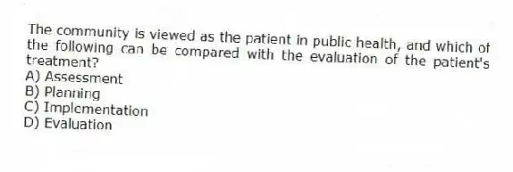 The community is viewed as the patient in public health, and which of the following can be compared with the evaluation of the patient's treatment?
A) Assessment
B) Planning
C) Implementation
D) Evaluation