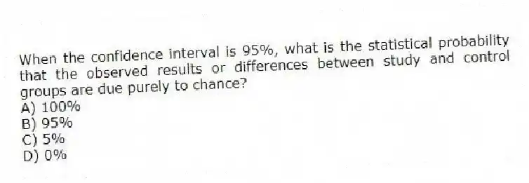 When the confidence interval is 95%, what is the statistical probability that the observed results or differences between study and control groups are due purely to chance?
A) 100%
B) 95%
C) 5%
D) 0%