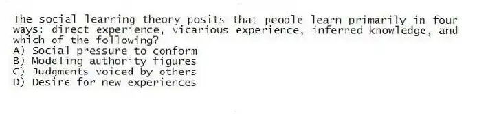 The social learning theory posits that people learn primarily in four ways: direct experience, vicarious experience, inferred knowledge, and which of the following?
A) Social pressure to conform
B) Modeling authority figures
C) Judgments voiced by others
D) Desire for new experiences