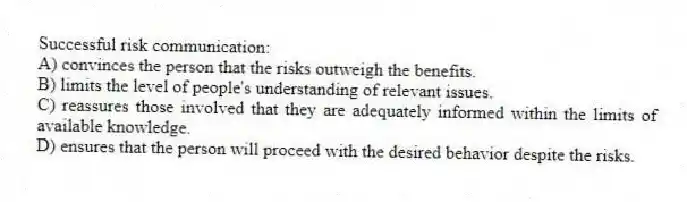 Successful risk communication:
A) convinces the person that the risks outweigh the benefits.
B) limits the level of people's understanding of relevant issues.
C) reassures those involved that they are adequately informed within the limits of available knowledge.
D) ensures that the person will proceed with the desired behavior despite the risks.