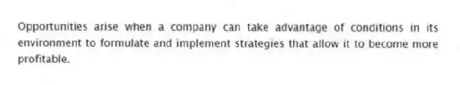 Opportunities arise when a company can take advantage of conditions in its environment to formulate and implement strategies that allow it to become more profitable.