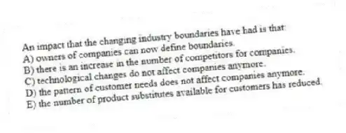 An impact that the changing industry boundaries have had is that:
A) owners of companies can now define boundaries.
B) there is an increase in the number of competitors for companies.
C) technological changes do not affect companies anymore.
D) the pattern of customer needs does not affect companies anymore.
E) the number of product substitutes available for customers has reduced.