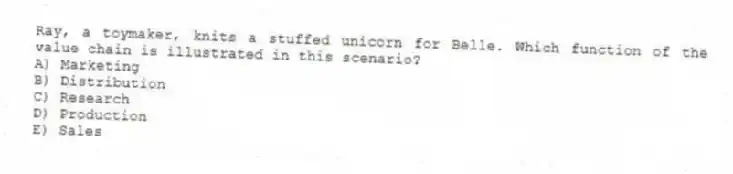 Ray, a toymaker, knits a stuffed unicorn for Belle. Which function of the value chain is illustrated in this scenario?
A) Marketing
B) Distribution
C) Research
D) Production
E) Sales