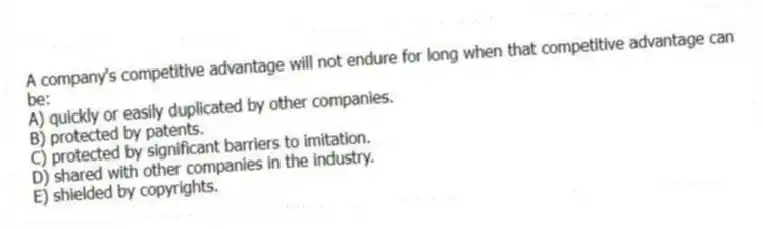 A company's competitive advantage will not endure for long when that competitive advantage can be:
A) quickly or easily duplicated by other companies.
B) protected by patents.
C) protected by significant barriers to imitation.
D) shared with other companies in the industry.
E) shielded by copyrights.