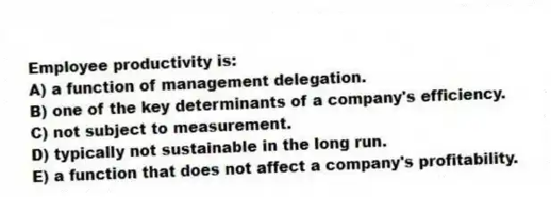 Employee productivity is:
A) a function of management delegation.
B) one of the key determinants of a company's efficiency.
C) not subject to measurement.
D) typically not sustainable in the long run.
E) a function that does not affect a company's profitability.