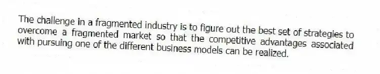 The challenge in a fragmented industry is to figure out the best set of strategies to overcome a fragmented market so that the competitive advantages associated with pursuing one of the different business models can be realized.