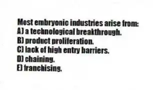 Most embryonic industries arise from:
A) a technological breakthrough.
B) product proliferation.
C) lack of high entry barriers.
D) chaining.
E) franchising.