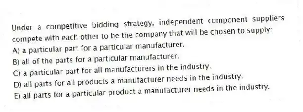 Under a competitive bidding strategy, independent component suppliers compete with each other to be the company that will be chosen to supply:
A) a particular part for a particular manufacturer.
B) all of the parts for a particular manufacturer.
C) a particular part for all manufacturers in the industry.
D) all parts for all products a manufacturer needs in the industry.
E) all parts for a particular product a manufacturer needs in the industry.