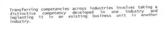 Transferring competencies across industries involves taking a distinctive competency developed in one industry and implanting it in an existing business unit in another industry.